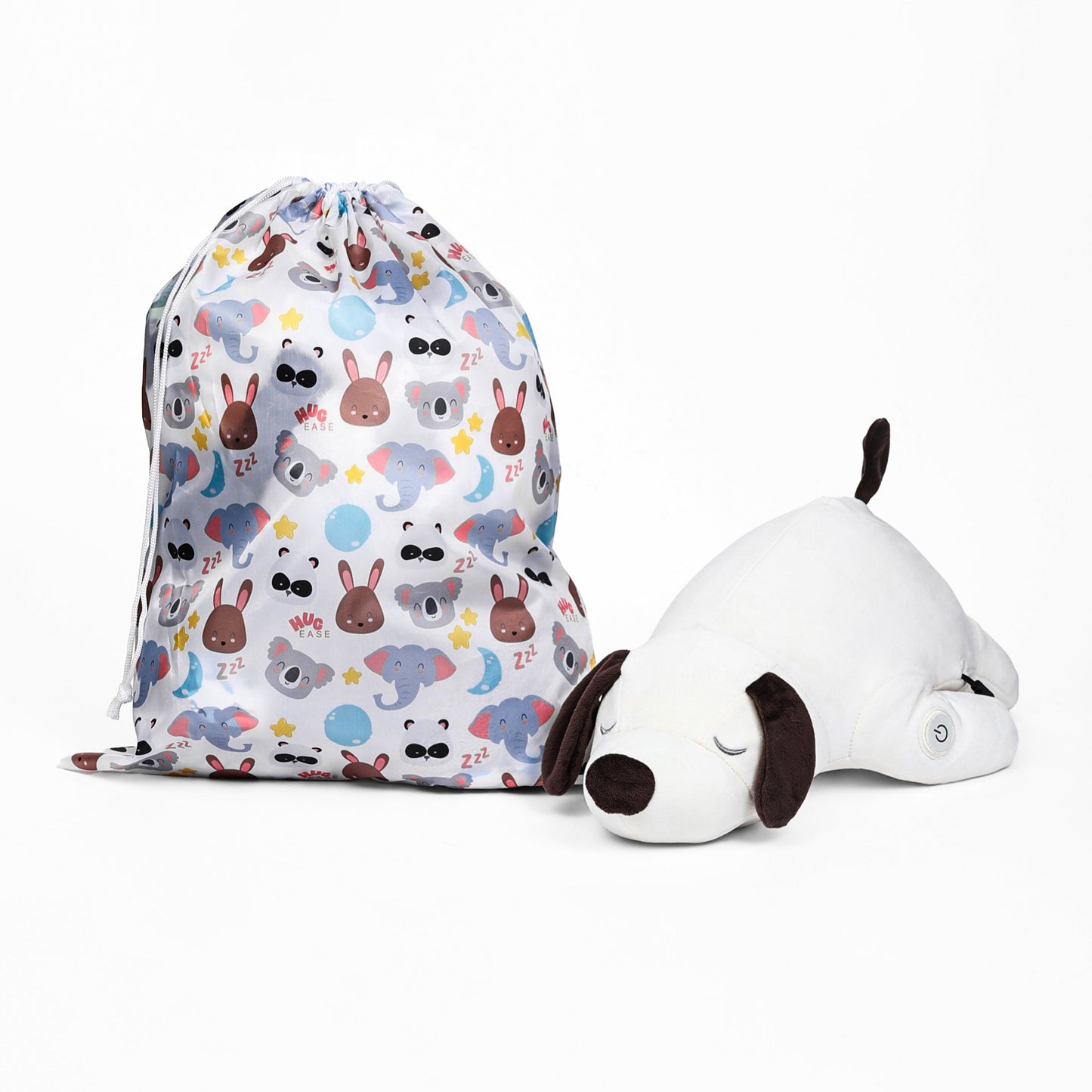 Drawstring bag with animal pattern and plush dog toy on a white background