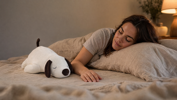 Adult relaxing beside the Heated AirPulse Pup breathing plush in a calm bedroom